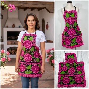 Mexican Embroidered Floral Zinacantan Artisan Pink Apron